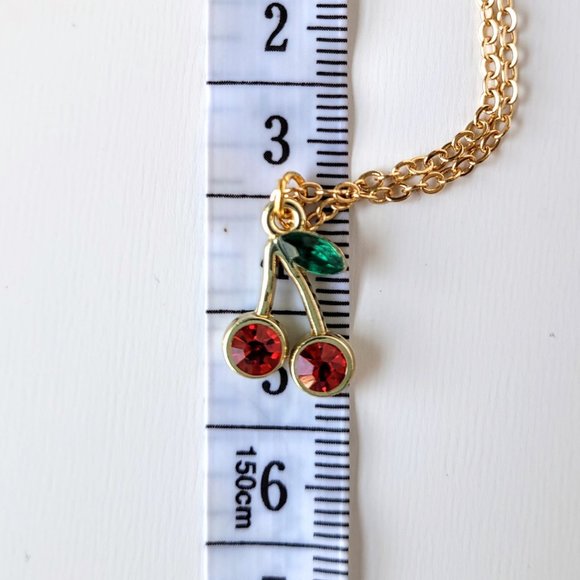 Red Cherry Necklace with Rhinestones Dainty Gold Chain Choker Y2K Jewelry - Picture 7 of 10